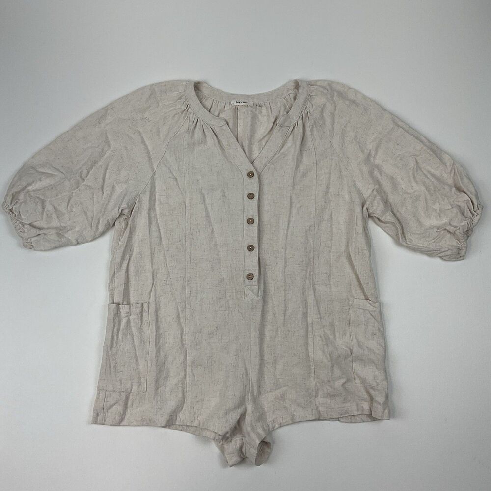 Day And Moon Linen Blend Romper‎ Size S Beige Puff Sleeve Cottagecore Boho